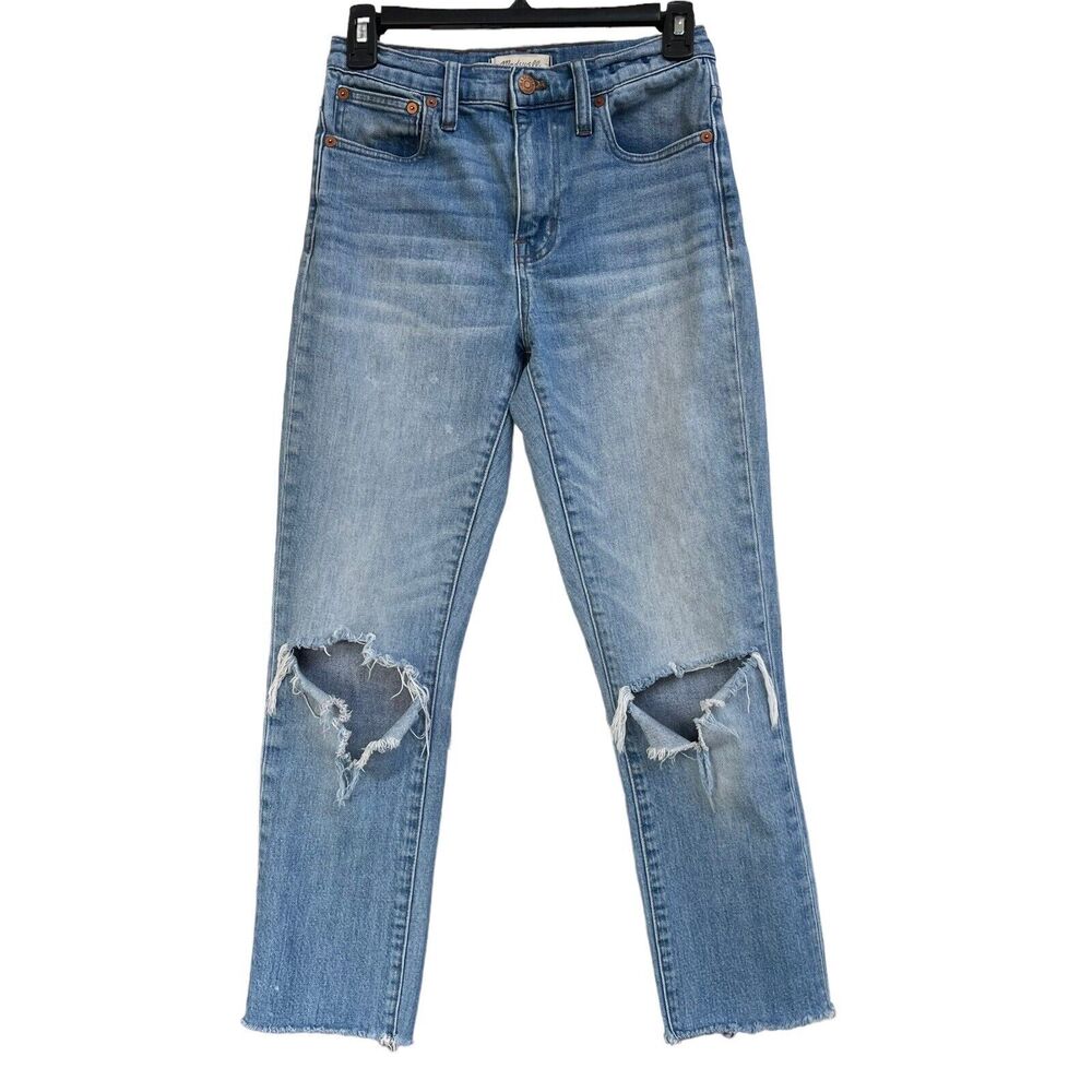 Madewell SZ 23 The High-Rise Slim Crop Boyjean Jeans Distressed Frayed Hems Blue